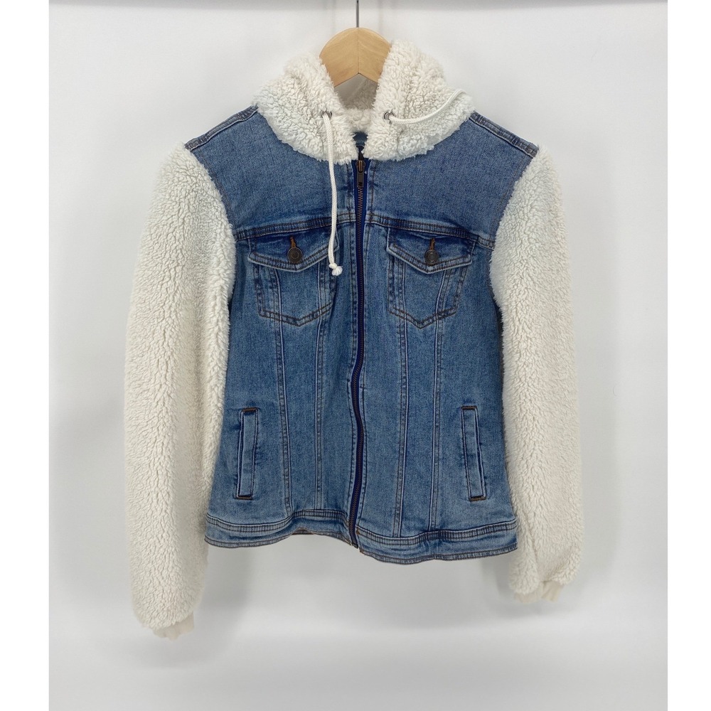 Maurices Denim Sherpa Jacket Womens XS Blue Excellent Hooded Mixed Media Zip Up